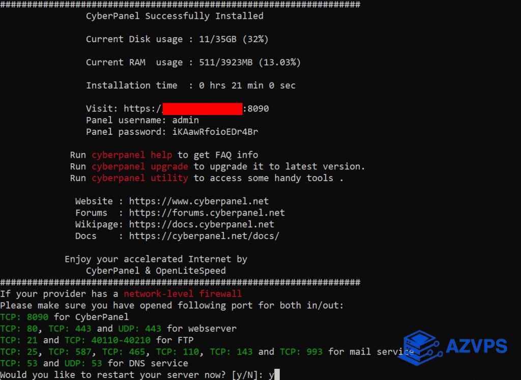Thông tin đăng nhập CyberPanel và khởi động lại VPS